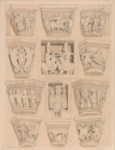 Hovedsteder og A & B Bas-relieffer i Abbey Church of Saint Georges de Bocherville, nær Rouen, Normandie av John Sell Cotman