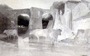 Storfe i en elv (penn og blekk og vask) på papir av John Sell Cotman