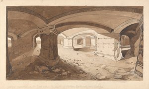 Grotter gravd ut i klippen innenfor slottet Chateau Gaillard, nær Andelys, Normandie av John Sell Cotman