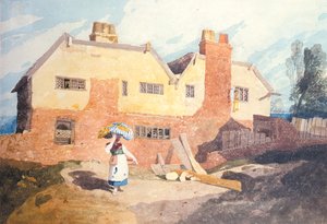 Hytter med en vaskekone (Elm Hill, Norwich) ca. 1808-9 av John Sell Cotman