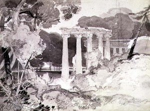 No.1539 Klassisk søylegang i et treaktig landskap (blyant og indisk blekk vaskes på papir) av John Sell Cotman