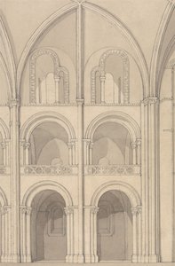 Perspektivisk opptegning av en del av klosterkirken Saint-Étienne i Caen, Normandie av John Sell Cotman