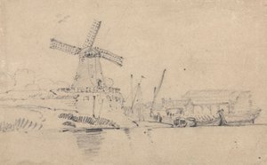 Elv og vindmølle av John Sell Cotman