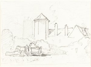Skisse av bygninger med vogn og hester i forgrunnen av John Sell Cotman