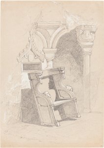 Skisse av ødelagt kirkeinteriør med stol av John Sell Cotman