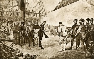 Admiralen i den spanske armadaen returnerer sin kårde til Francis Drake (1540–1596) av John Seymour (after) Lucas