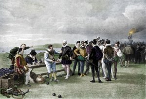 Armadaen i sikte, Plymouth hakke, 1880, 1911 av John Seymour Lucas