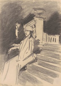 Ved fontenen, Villa Torlonia, Frascati, ca. 1907 (kull på vevd papir) av John Singer Sargent