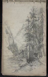 Fjelllandskap med trær, 1871-72 (grafitt på mørklagt off-white vevd papir) av John Singer Sargent