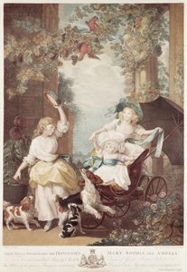 Prinsessene Mary (1776-1857), Sophia (1777-1848) og Amelia (1783-1810), døtre av George III, gravert av Francesco Bartolozzi (1727-1815) (mezzotintgravering) av John Singleton Copley