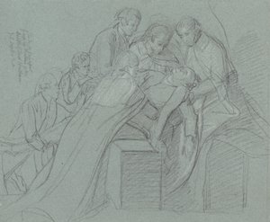Studie for Central Group in the Death of Earl of Chatham (svart kritt, forsterket med hvitt på blått papir) av John Singleton Copley
