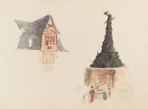 En fontene og en fasade i Østerrike av John Skinner Prout