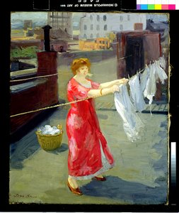 Rød kimono på taket av John French Sloan