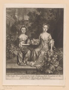Portret av Henrietta og Katherine Hyde med en duif The Lady Henrietta and the Lady Katherine Hide Daughters to the / Right Honorable the Earle of Rochester (tittel på objekt) av John Smith