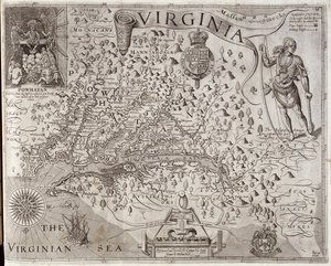 Kart over Virginia, oppdaget og beskrevet av kaptein John Smith, 1606, gravert av William Hole (fl. 1607-24), publisert 1612 (se også 174212)