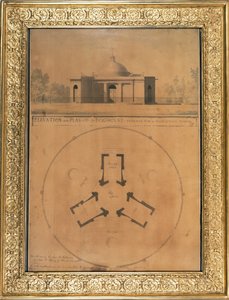 Forhøyning og plan av et hundehus, 1779 (penn og blekk og wc på papir)