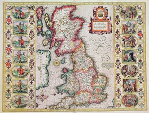 Storbritannia slik det ble bestemt i de engelske saksernes tid, spesielt under deres heptarki (håndfarget kobbergravering) av John Speed