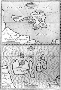 Kart over Holy Island og Farne Island, Northumberland, fra "The Theatre of the Empire of Great Britaine" av John Speed, 1676