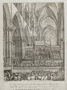 konsert for å minnes 25-årsjubileet for George Frederick Handel (1685-1759) - Utsikt over galleriet forberedt for mottakelsen av deres Majesteter den kongelige familie