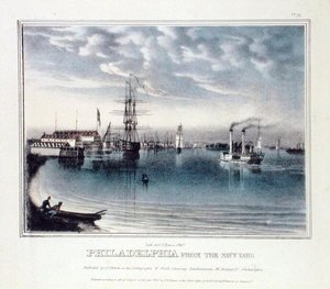 Philadelphia fra Navy Yard, ca. 1840 (farge litho)