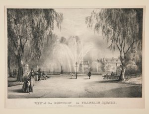Utsikt over fontenen på Franklin Square, Philadelphia