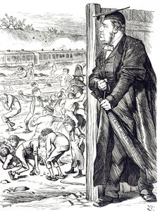 En tegneserie som viser William Vernon Harcourt (1827-1904) som da innenriksministeren anbefalte innføringen av bjørken i stedet for forvaring for ungdomsforbrytere. Illustrert av John Tenniel (1820-1914), en engelsk illustratør, grafisk humorist, en av John Tenniel