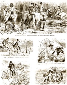 En tegneserie som viser en mann som jakter på en trehjulssykkel. Illustrert av John Tenniel (1820-1914), en engelsk illustratør, grafisk humorist og politisk tegneserieskaper av John Tenniel