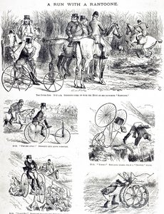 En tegneserie som viser en mann som jakter på en trehjulssykkel. Illustrert av John Tenniel (1820-1914), en engelsk illustratør, grafisk humorist og politisk tegneserieskaper av John Tenniel