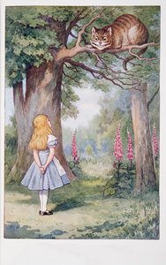 Alice and the Cheshire Cat, Alices Adventures In Wonderland And Through The Looking-Glass And What Alice Found There, av Lewis Carroll (1832 - 98), utgitt 1911 (farget litografi) av John Tenniel