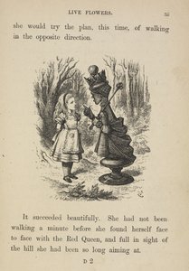 Alice står overfor den røde dronningen. av John Tenniel