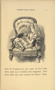 Alice sitter i en stol og leker med en kattunge. av John Tenniel