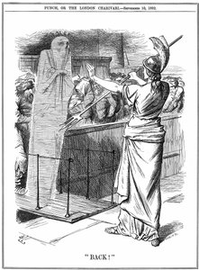 Britannia holder tilbake kolera ved britiske havner. I utbruddet av 1892 døde rundt 260 000 i Russland og 7 600 i Hamburg. Epidemien ble forhindret i Storbritannia. John Tenniel tegneserie fra Punch London 10. september 1892. av John Tenniel