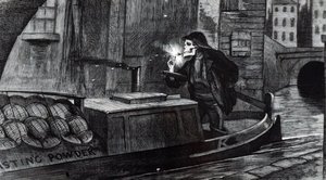 Kampanjetegneserie av John Tenniel som foreslår at parlamentet bør innføre sikkerhetsforskrifter for håndtering og transport av eksplosiver etter ødeleggelsen av en lekter som frakter krutt på Regent's Canal, London. Illustrert av John Tenniel (1820-1 av John Tenniel