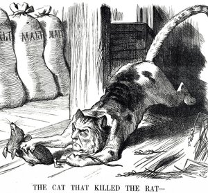 Tegneserie som kommenterer avskaffelsen av maltskatt i 1880 av John Tenniel