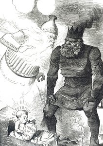 Tegneserie som kommenterer elektrisitets barndom av John Tenniel