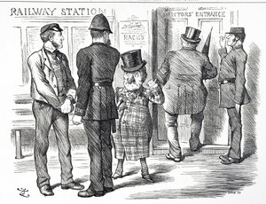 Tegneserie som kommenterer bøndene om at et blokksystemsignal skal gjøres obligatorisk på British Railways av John Tenniel