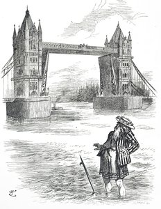 Tegneserie som viser far Thames som beundrer Tower Bridge, London av John Tenniel
