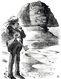 Tegneserie som viser statsminister Benjamin Disraeli som holder Suez-kanalen som nøkkelen til britenes besittelse og innflytelse i India av John Tenniel