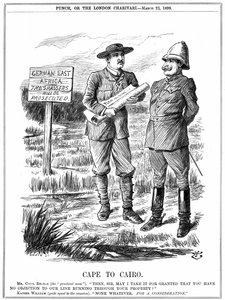 Cecil John Rhodes (1852-1902) engelskfødt sørafrikansk statsmann, som ber den tyske keiseren om tillatelse til å kjøre en telegraflinje gjennom det tyske Øst-Afrika. Cape To Cairo, tegneserie av John Tenniel fra 'Punch', London, 22. mars 1899. Grav av John Tenniel