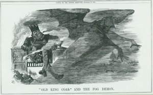 Effekter av å brenne Old King Coal på London. Tåken forårsaket astma, bronkitt, lungebetennelse, pleuritt, etc. John Tenniel tegneserie fra Punch, London av John Tenniel