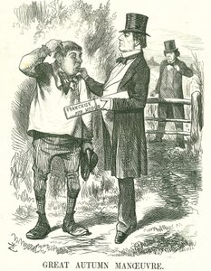 Stor høstmanøver: Gladstone mente at avstemningen til slutt måtte gis til landbruksarbeidere (Hodge). På dette tidspunktet var premierskapet hans ustabilt, og Disraeli venter på å ta plassen hans. John Tenniel tegneserie fra Punch, London, 9. august 1873. av John Tenniel