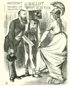 Hugh Childers (1827-1896) britisk parlamentariker, og fortalte Britannia om suksessen til den nye stemmeurnen. John Tenniel tegneserie fra 'Punch', London, 24. august 1872. av John Tenniel