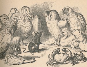 Illustrasjon for kapitlet et Caucus-Race og en lang hale. Alice og ulike skapninger, som f.eks av John Tenniel