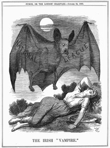 Irish National League, med ansiktet til Charles Stewart Parnell (1846-1891), vist som en vampyr som rov på Irland. John Tenniel tegneserie fra Punch London, 24. oktober 1885. Gravering av John Tenniel