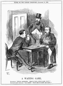 Lord Randolph Churchill (til venstre) prøver å få Charles Stewart Parnell, irsk politiker, til å vise hånden og la Churchill og Hartington få vite hvordan han vil bruke Parnellite-stemmer han kommanderer i Underhuset. John Tenniel tegneserie fra Punch 18.  av John Tenniel