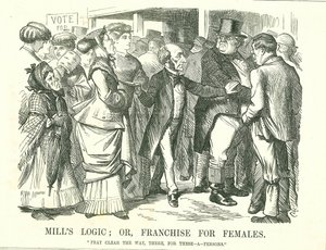 Mill's Logic: eller, Franchise for Females: John Stuart Mill ber en indignert John Bull om å gjøre plass for kvinner til å avgi sin stemme. Figuren i forgrunnen nest fra venstre er Lydia Ernestine Becker, en talsmann for kvinnelig stemmerett. John Tenn av John Tenniel