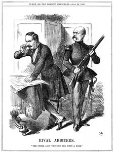 Napoleon III (1808–1873), keiser av Frankrike 1852–1870, og Otto von Bismarck (1808–1783), kansler i Preussen, skar opp Europa. Deres motstridende ambisjoner førte til den fransk-prøyssiske krigen 1870-1871. John Tenniel tegneserie fra Punch, London, 28. j av John Tenniel