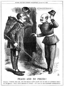 Napoleon III, fransk keiser 1852-1870, kledd som en filleplukker (Chiffonnier), advart av Otto von Bismarck, den prøyssiske kansleren. Napoleons territorielle ambisjoner førte til den fransk-prøyssiske krigen 1870-71. John Tenniel tegneserie fra Punch, Lon av John Tenniel