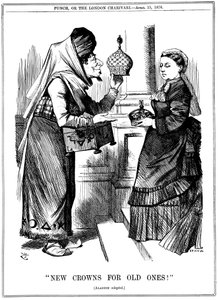 Nye kroner for gamle!, Benjamin Disraeli tilbyr Indias krone til dronning Victoria, 1876 av John Tenniel