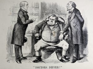 Politisk satire som skildrer William Ewart Gladstone, Benjamin Disraeli og John Bull av John Tenniel